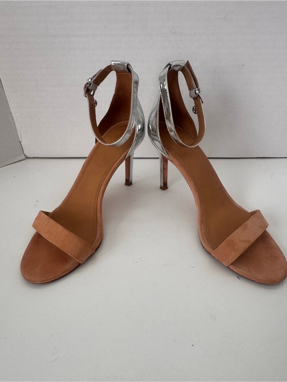 Tory Burch Ellie 85mm Silver Metallic Tan Suede Ankle Strap Sandals Heels 7M